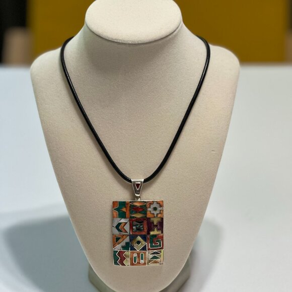Peruvian 950 Sterling Silver Pendant | Rectangular Mosaic Inlay | Natural Stones - Picture 5 of 12